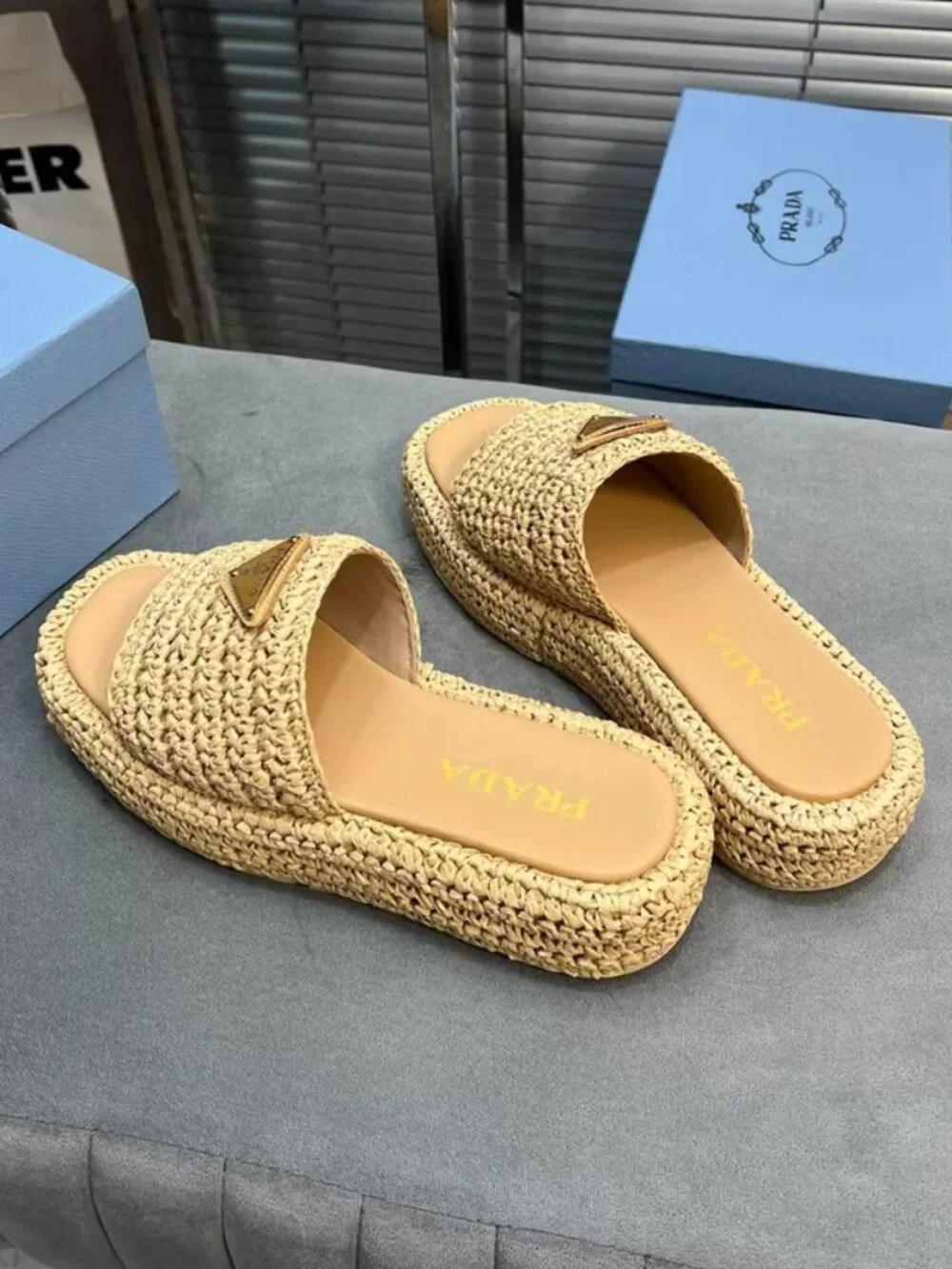 Prada Beige Woven Raffia Slide Sandals